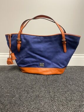 Lauren Ralph Lauren navy blue womens canvas tote satchel brown leather